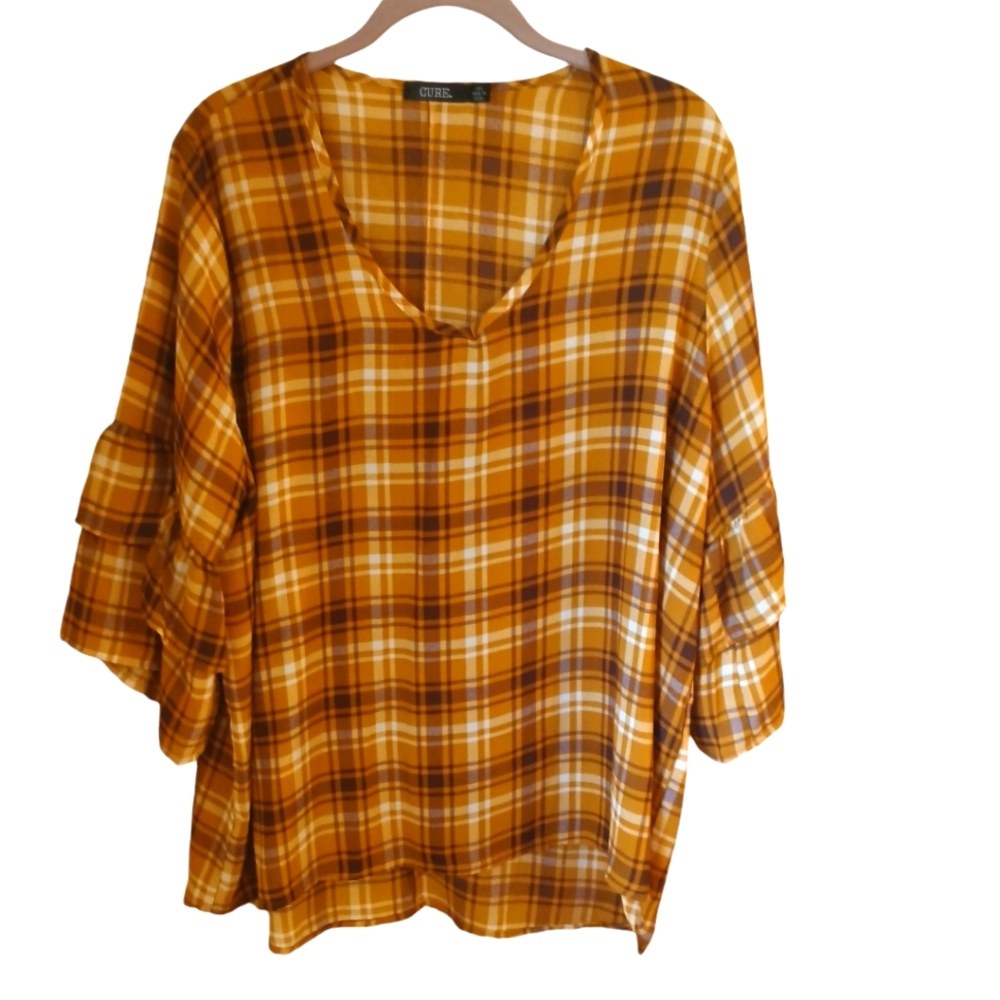 Cure Women's Gold Plaid V Neck Top With Layered Bell 3/4 Sleeves Size 2 X